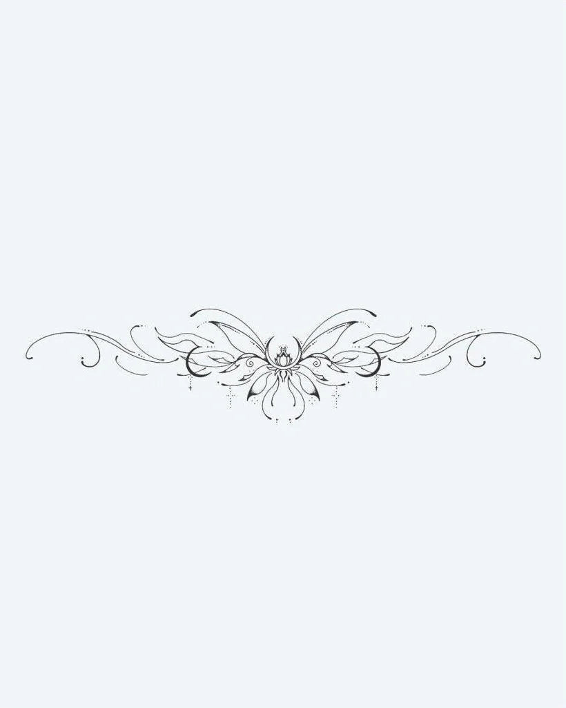 Lotus Flourish Band semi-permanent tattoo design by INKON – symmetrical, ornamental, central, lotus, flower illustration, 4 x 7 in (10x17cm), available at inkon.co