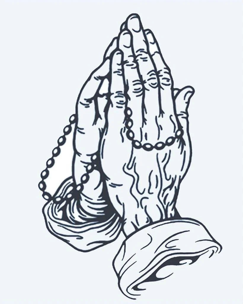 Praying Hands with Rosary semi-permanent tattoo design by INKON – praying, hands, wrapped, rosary, timeless illustration, 4 x 7 in (10x17cm), available at inkon.co