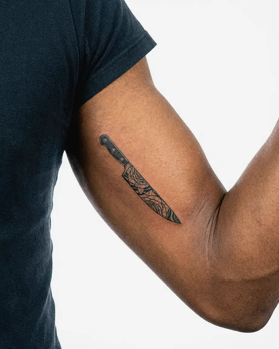 INKON Rose Chef's Knife semi-permanent tattoo applied on a man – 3 x 4 in (6x11cm) design, realistic ink look, lasts 10 days