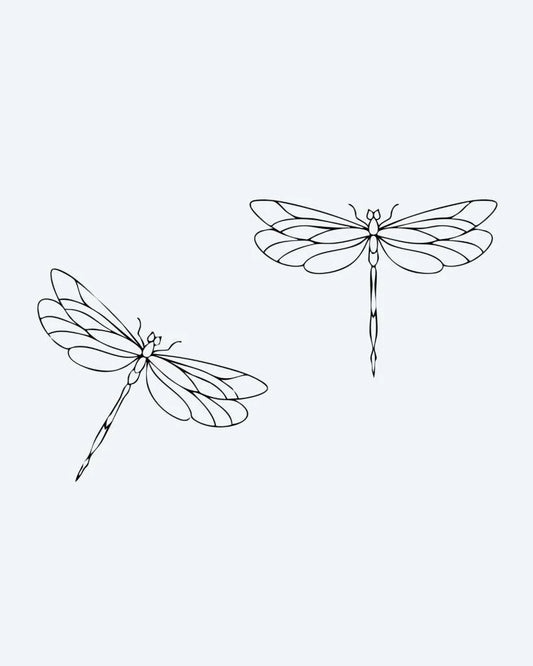 Dragonfly Duo semi-permanent tattoo design by INKON – graceful, pair, dragonflies, delicate, fine illustration, 3 x 4 in (7x10cm), available at inkon.co
