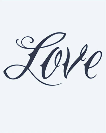 Love Script semi-permanent tattoo design by INKON – calligraphy, script, spelling, love, flowing illustration, 2 x 2 in (5x5cm), available at inkon.co