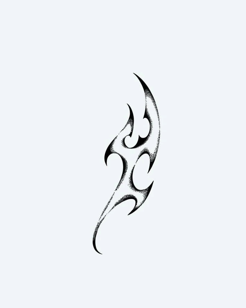 Neo-Tribal Flame semi-permanent tattoo design by INKON – dotwork, shading, depth, abstract, tribal illustration, 4 x 7 in (10x17cm), available at inkon.co
