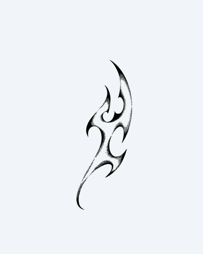 Neo-Tribal Flame semi-permanent tattoo design by INKON – dotwork, shading, depth, abstract, tribal illustration, 4 x 7 in (10x17cm), available at inkon.co