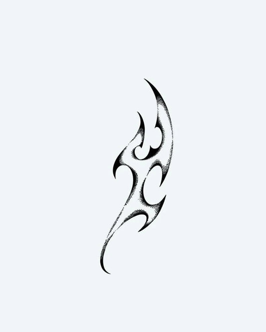 Neo-Tribal Flame semi-permanent tattoo design by INKON – dotwork, shading, depth, abstract, tribal illustration, 4 x 7 in (10x17cm), available at inkon.co
