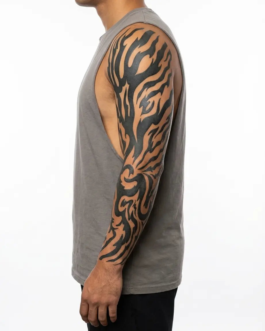 INKON Tribal Flame Sleeve semi-permanent tattoo applied on a man – 8 x 20 in (20x50cm) design, realistic ink look, lasts 10 days