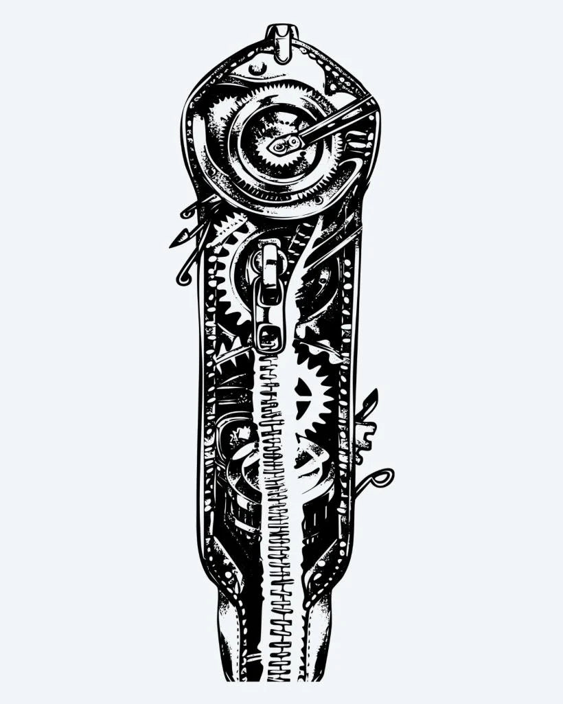Steampunk Mechanical Gears semi-permanent tattoo design by INKON – steampunk, exposed, gears, cogs, springs illustration, 8 x 20 in (20x50cm), available at inkon.co