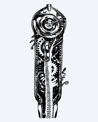 Steampunk Mechanical Gears semi-permanent tattoo design by INKON – steampunk, exposed, gears, cogs, springs illustration, 8 x 20 in (20x50cm), available at inkon.co