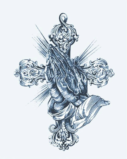 Praying Hands & Ornate Cross semi-permanent tattoo design by INKON – praying, hands, against, baroque, ornamental illustration, 4 x 7 in (10x17cm), available at inkon.co