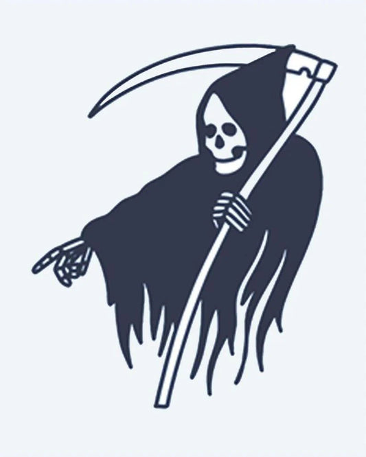 Grim Reaper 2 semi-permanent tattoo design by INKON – hooded, grim, reaper, holding, large illustration, 2 x 2 in (5x5cm), available at inkon.co
