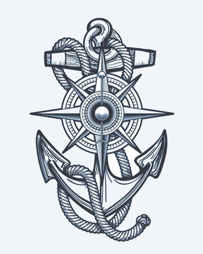 Anchor & Compass Rose semi-permanent tattoo design by INKON – nautical, anchor, compass, rose, wrapped illustration, 4 x 7 in (10x17cm), available at inkon.co