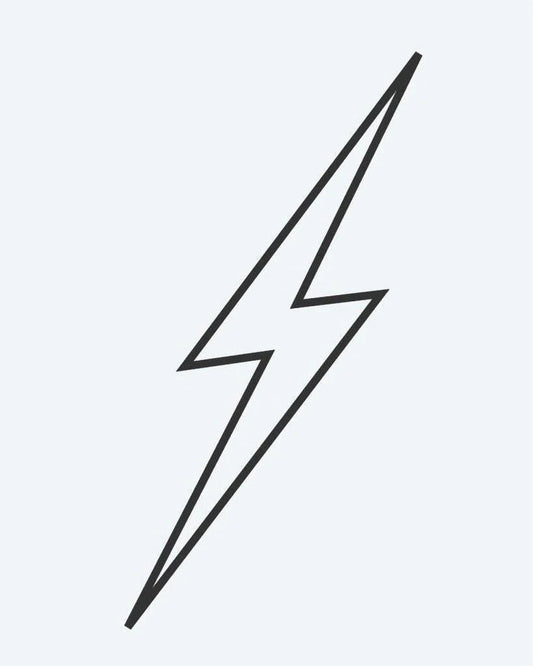 Thin Lightning Bolt semi-permanent tattoo design by INKON – elongated, lightning, bolt, minimal, fine illustration, 2 x 2 in (5x5cm), available at inkon.co