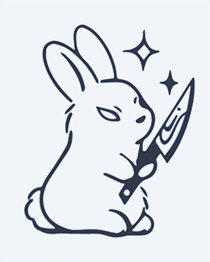 Killer Bunny semi-permanent tattoo design by INKON – adorable, menacing, bunny, holding, knife illustration, 2 x 2 in (5x5cm), available at inkon.co
