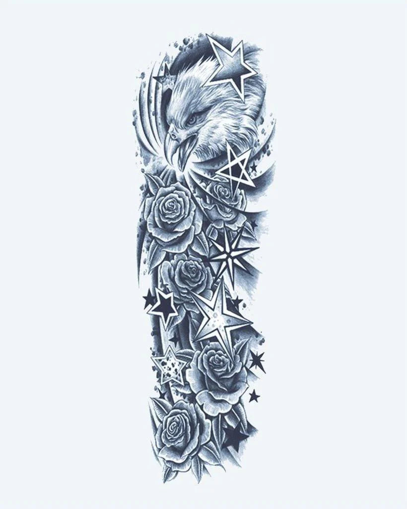 Eagle, Stars & Roses semi-permanent tattoo design by INKON – full, sleeve, eagle, scattered, stars illustration, 8 x 20 in (20x50cm), available at inkon.co