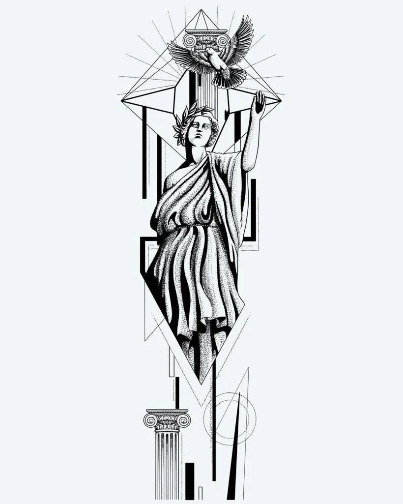 Greek Goddess & Dove semi-permanent tattoo design by INKON – classical, greek, goddess, releasing, dove illustration, 8 x 20 in (20x50cm), available at inkon.co