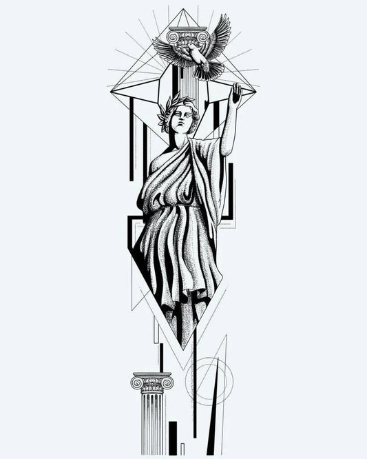 Greek Goddess & Dove semi-permanent tattoo design by INKON – classical, greek, goddess, releasing, dove illustration, 8 x 20 in (20x50cm), available at inkon.co