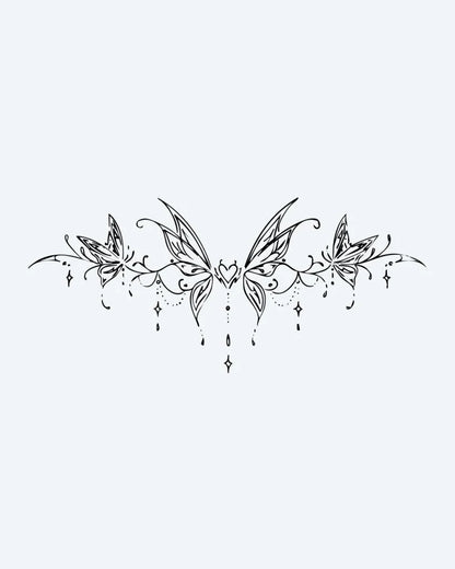 Butterfly Heart Band semi-permanent tattoo design by INKON – symmetrical, butterfly, band, heart, center illustration, 4 x 8 in (11x21cm), available at inkon.co
