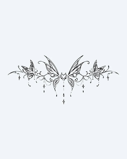 Butterfly Heart Band semi-permanent tattoo design by INKON – symmetrical, butterfly, band, heart, center illustration, 4 x 8 in (11x21cm), available at inkon.co