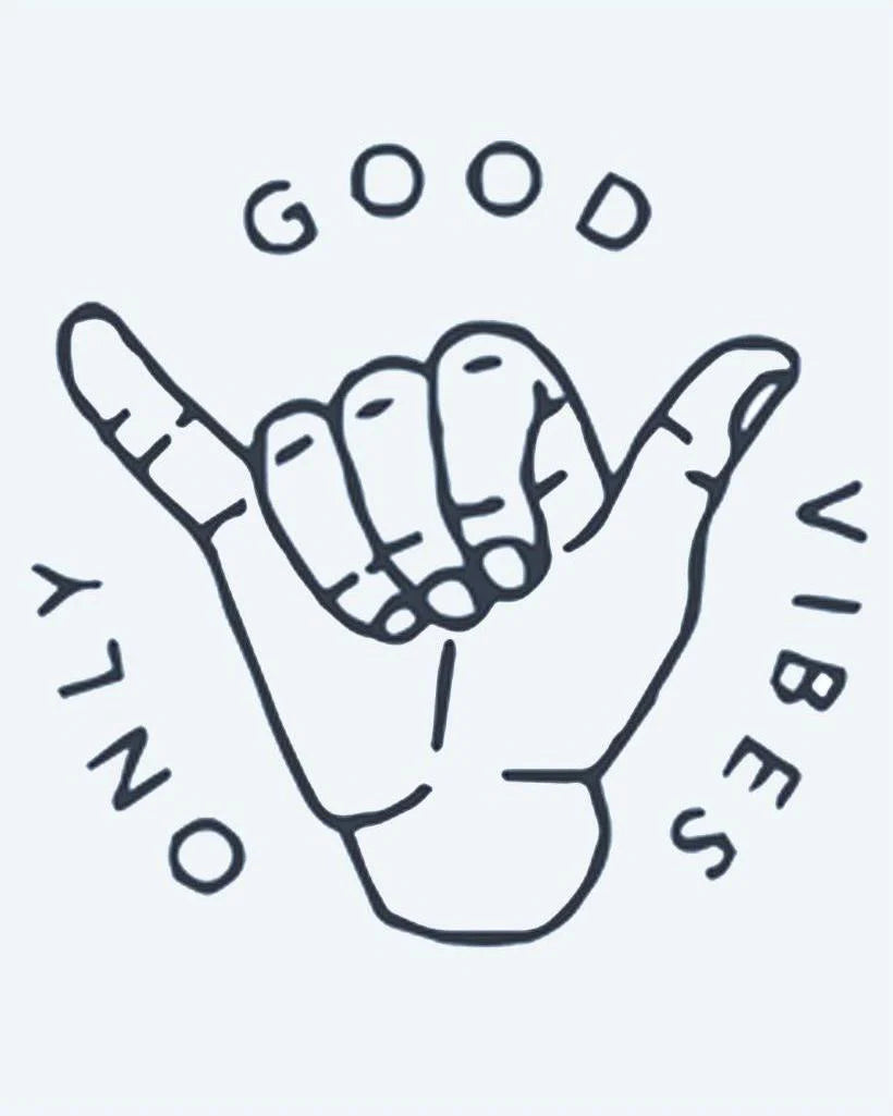 Good Vibes Only semi-permanent tattoo design by INKON – shaka, sign, surrounded, words, good illustration, 2 x 2 in (5x5cm), available at inkon.co