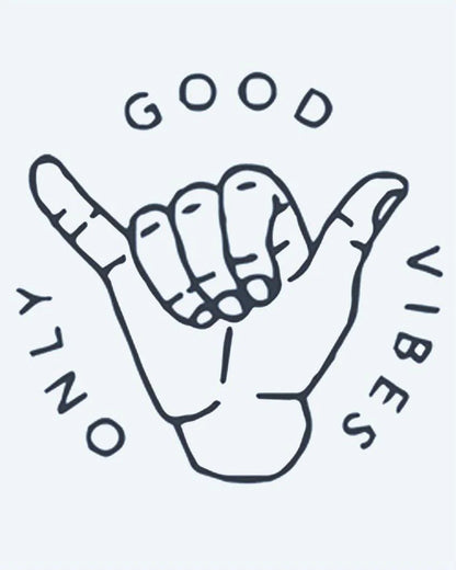 Good Vibes Only semi-permanent tattoo design by INKON – shaka, sign, surrounded, words, good illustration, 2 x 2 in (5x5cm), available at inkon.co