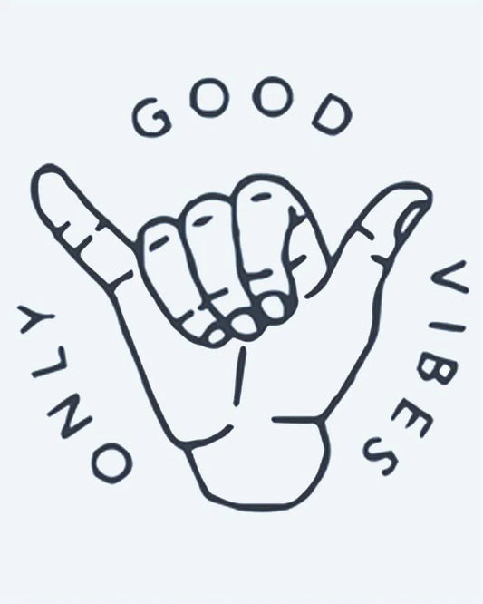 Good Vibes Only semi-permanent tattoo design by INKON – shaka, sign, surrounded, words, good illustration, 2 x 2 in (5x5cm), available at inkon.co