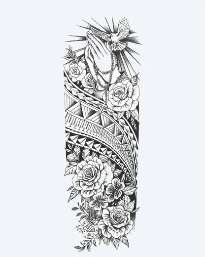Praying Hands, Dove & Roses semi-permanent tattoo design by INKON – spiritual, full, sleeve, praying, hands illustration, 8 x 20 in (20x50cm), available at inkon.co