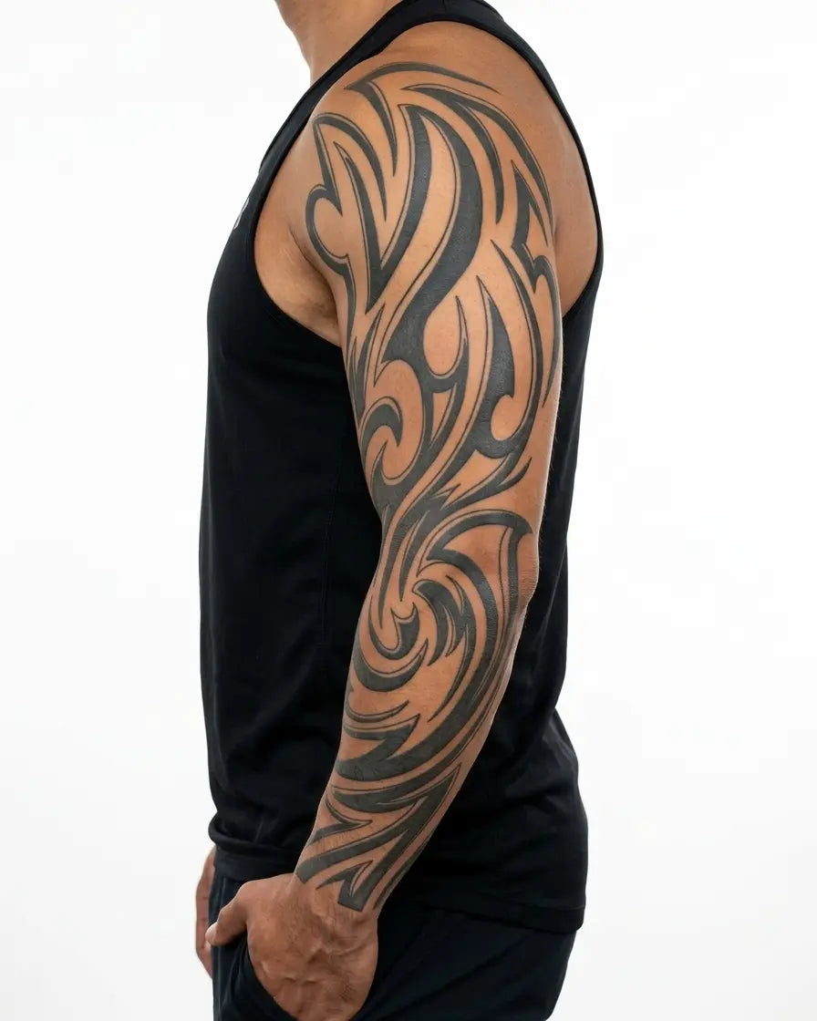 INKON Tribal Wave Sleeve semi-permanent tattoo applied on a man – 8 x 20 in (20x50cm) design, realistic ink look, lasts 10 days