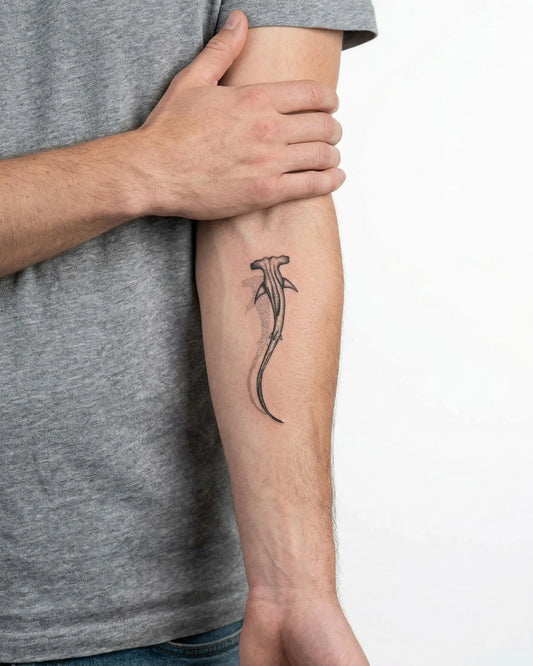 INKON Hammerhead Shark semi-permanent tattoo applied on a man – 3 x 4 in (6x11cm) design, realistic ink look, lasts 10 days