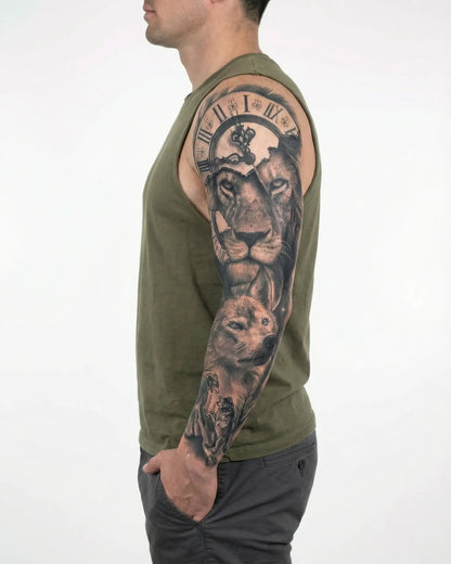 INKON Lion, Wolf & Clock semi-permanent tattoo applied on a man – 8 x 20 in (20x50cm) design, realistic ink look, lasts 10 days