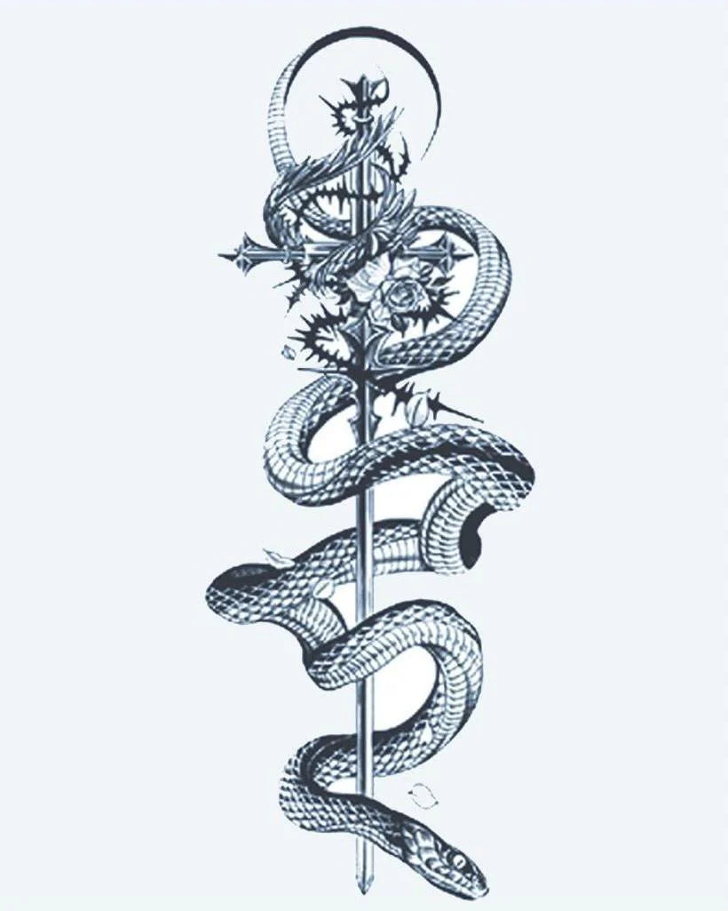 Serpent & Sword semi-permanent tattoo design by INKON – snake, coiling, sword, roses, crescent illustration, 4 x 7 in (10x17cm), available at inkon.co