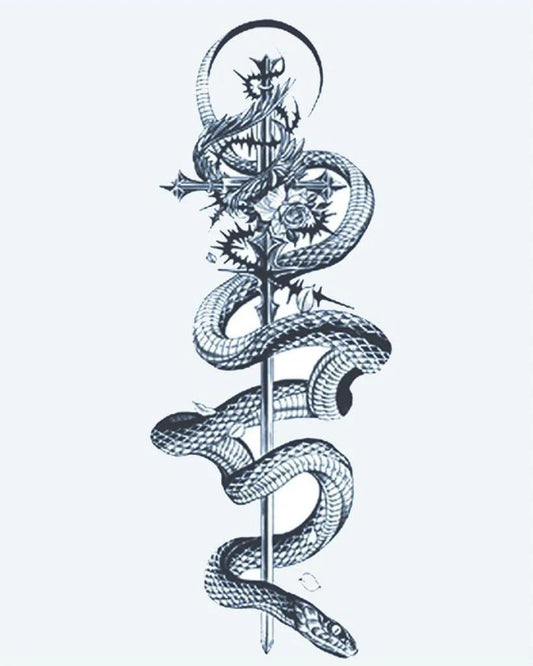 Serpent & Sword semi-permanent tattoo design by INKON – snake, coiling, sword, roses, crescent illustration, 4 x 7 in (10x17cm), available at inkon.co