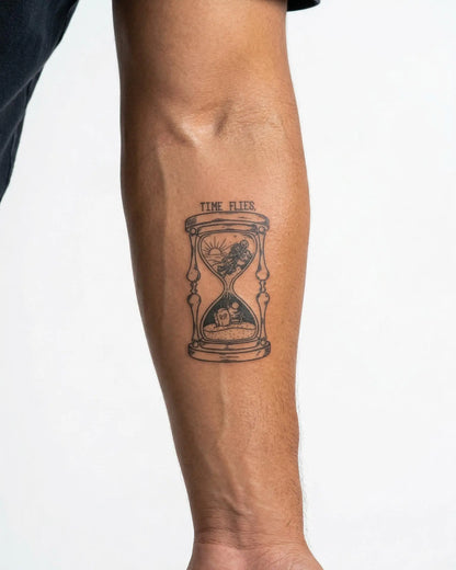 INKON Time Flies Hourglass semi-permanent tattoo applied on a man – 3 x 4 in (6x11cm) design, realistic ink look, lasts 10 days
