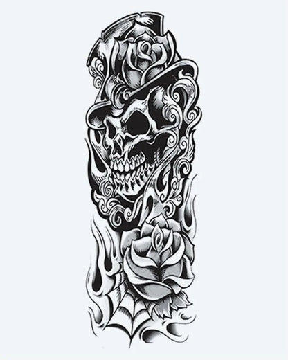 Skull in Top Hat & Roses semi-permanent tattoo design by INKON – grinning, skull, wearing, surrounded, ornate illustration, 8 x 20 in (20x50cm), available at inkon.co