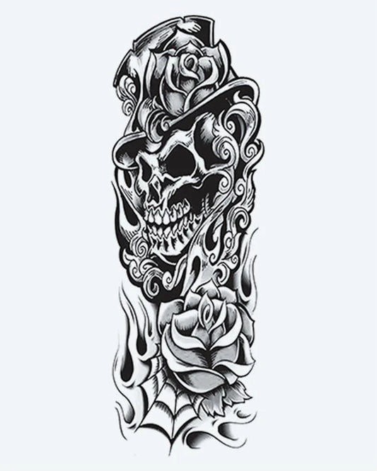 Skull in Top Hat & Roses semi-permanent tattoo design by INKON – grinning, skull, wearing, surrounded, ornate illustration, 8 x 20 in (20x50cm), available at inkon.co