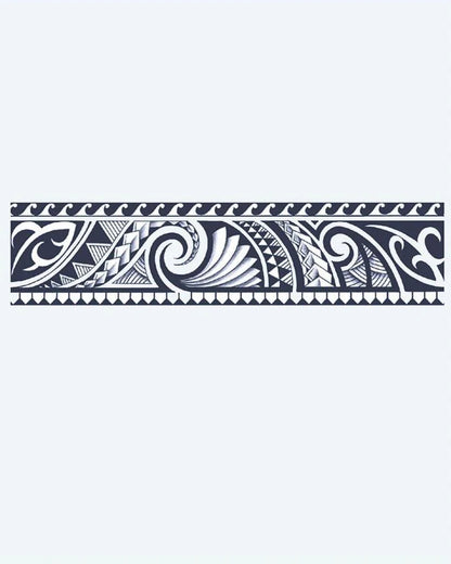 Polynesian Tribal Band semi-permanent tattoo design by INKON – maori, armband, flowing, koru, spirals illustration, 2 x 9 in (5x23cm), available at inkon.co