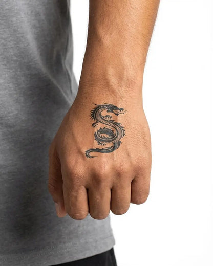INKON Serpent Dragon semi-permanent tattoo applied on a man – 2 x 2 in (5x5cm) design, realistic ink look, lasts 10 days