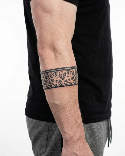 INKON Maori Armband semi-permanent tattoo applied on a man – 2 x 9 in (5x23cm) design, realistic ink look, lasts 10 days
