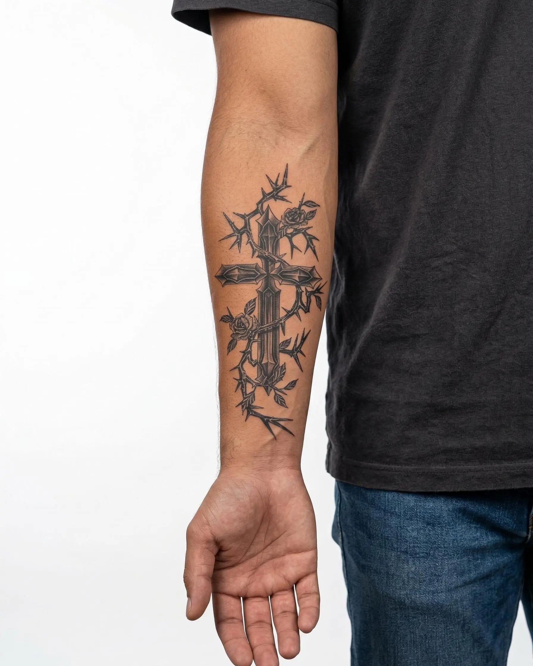 INKON Cross with Roses & Thorns semi-permanent tattoo applied on a man – 4 x 7 in (10x17cm) design, realistic ink look, lasts 10 days