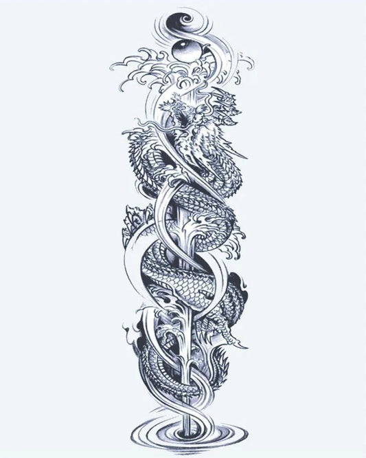 Twin Dragons & Yin Yang semi-permanent tattoo design by INKON – full, sleeve, intertwined, dragons, spiraling illustration, 8 x 20 in (20x50cm), available at inkon.co