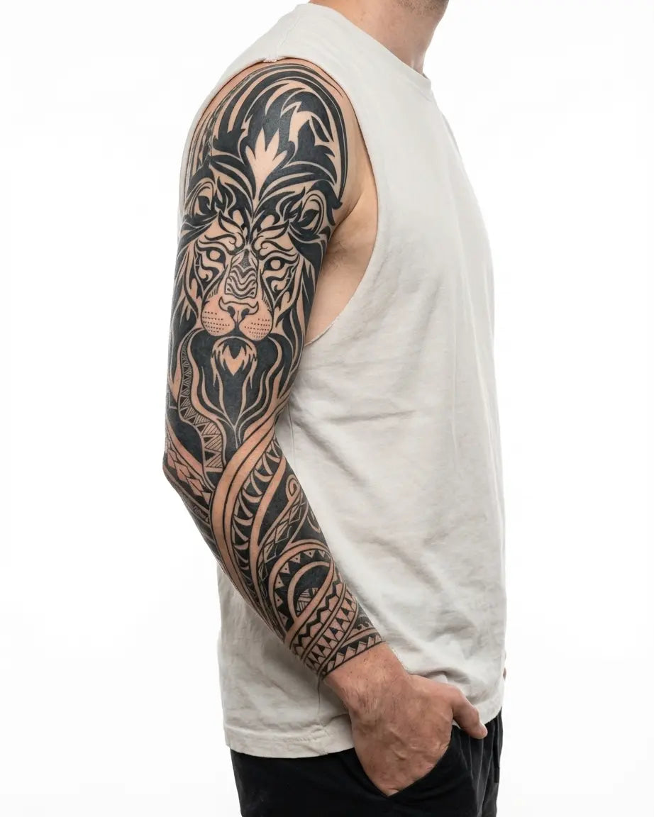 INKON Tribal Lion semi-permanent tattoo applied on a man – 8 x 20 in (20x50cm) design, realistic ink look, lasts 10 days