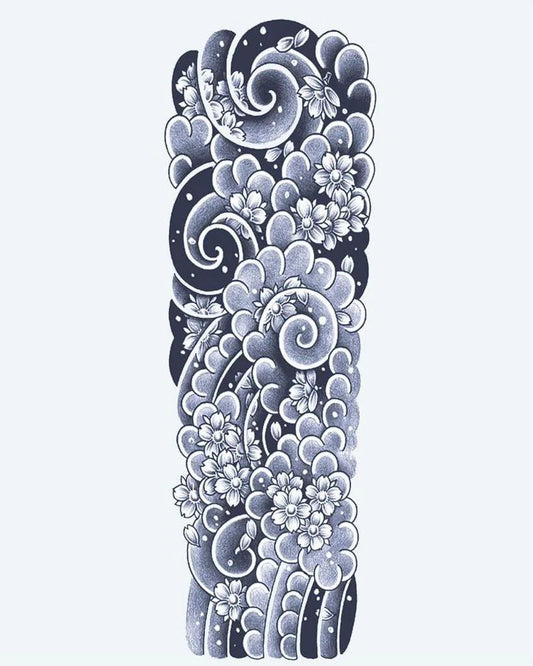 Japanese Clouds & Cherry Blossoms semi-permanent tattoo design by INKON – stunning, japanese, full, sleeve, swirling illustration, 8 x 20 in (20x50cm), available at inkon.co