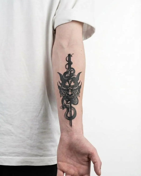 INKON Oni Mask & Serpent Dagger semi-permanent tattoo applied on a man – 4 x 8 in (11x21cm) design, realistic ink look, lasts 10 days