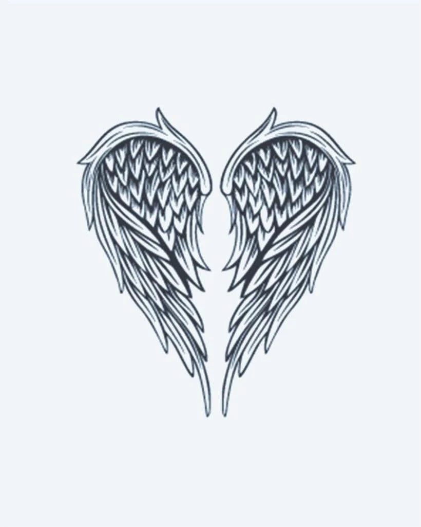 Angel Wings semi-permanent tattoo design by INKON – beautifully, symmetrical, pair, angel, wings illustration, 3 x 4 in (7x10cm), available at inkon.co