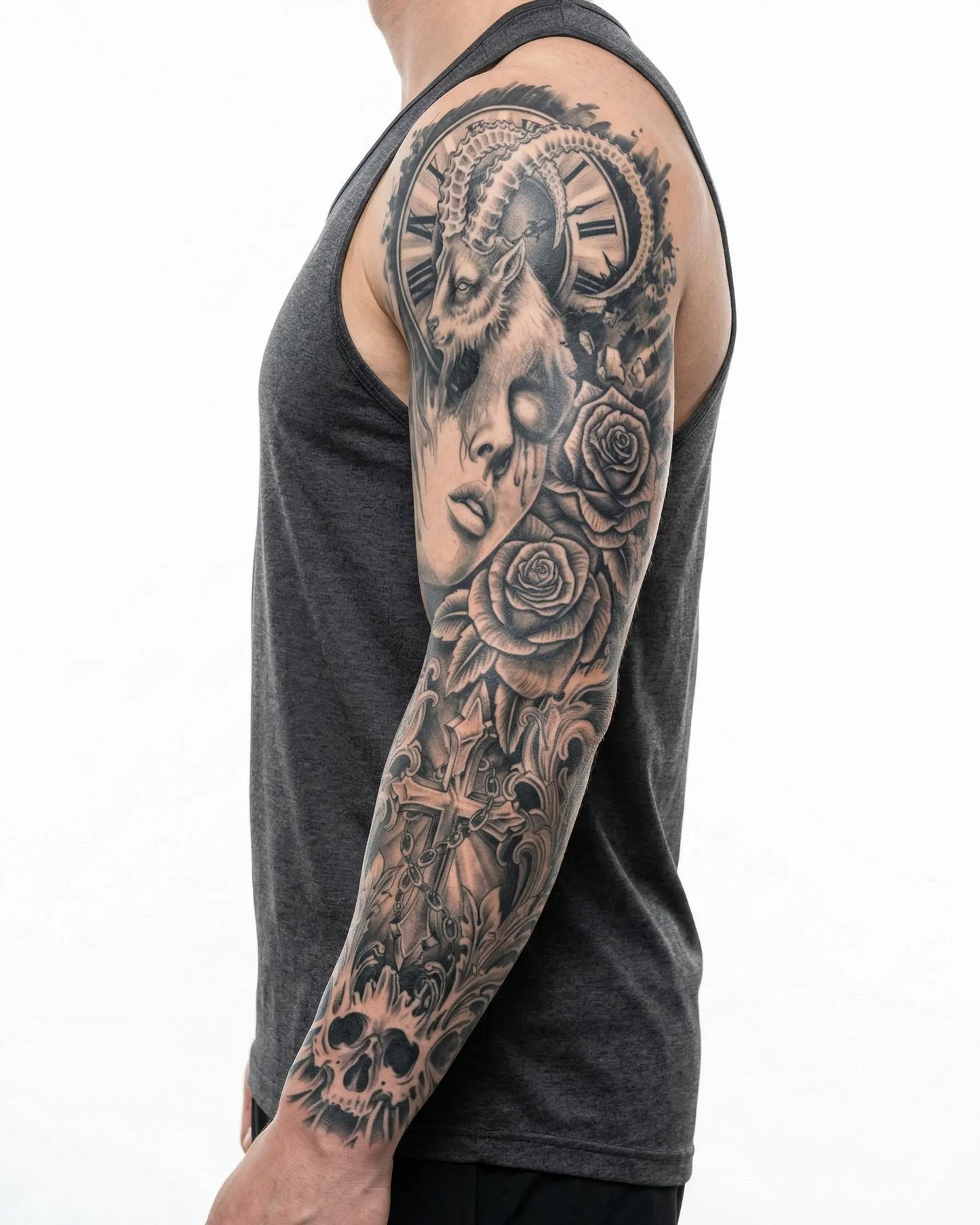 INKON Ram Woman & Gothic Cross semi-permanent tattoo applied on a man – 8 x 20 in (20x50cm) design, realistic ink look, lasts 10 days