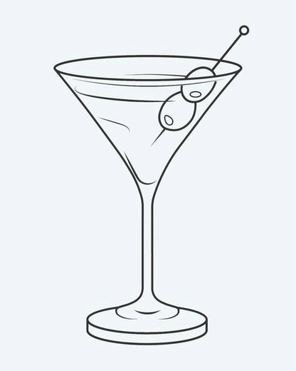 Martini Glass semi-permanent tattoo design by INKON – martini, glass, olive, garnish, line illustration, 2 x 2 in (5x5cm), available at inkon.co