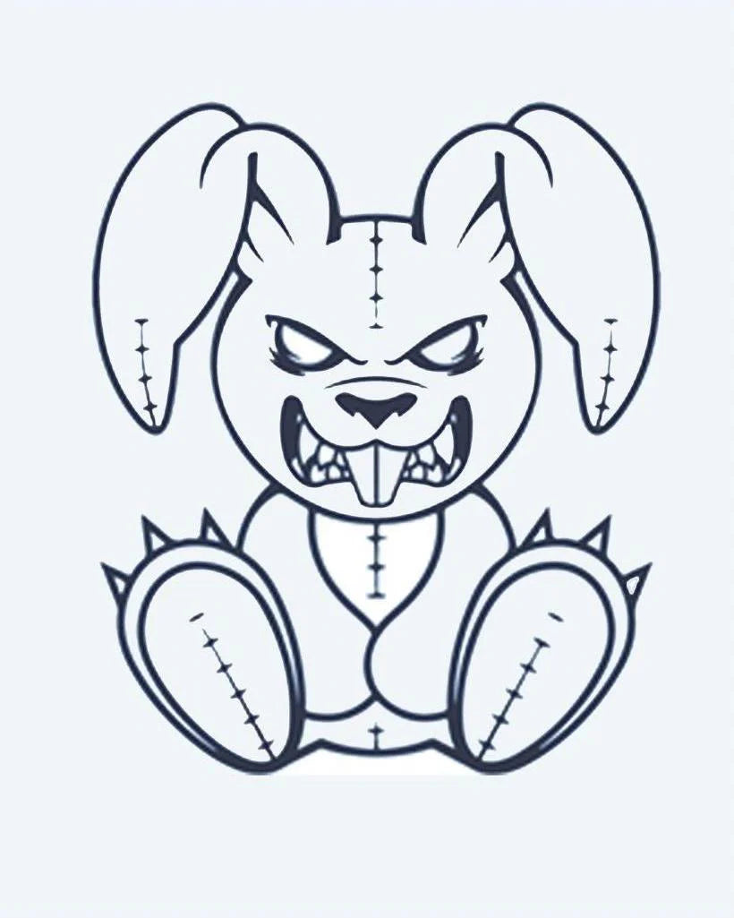 Evil Bunny semi-permanent tattoo design by INKON – creepy, stitched, bunny, plush, menacing illustration, 2 x 2 in (5x5cm), available at inkon.co