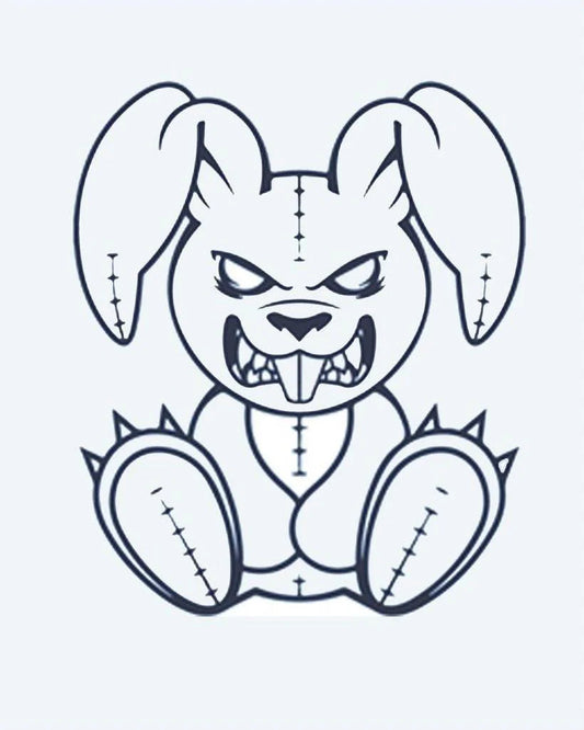 Evil Bunny semi-permanent tattoo design by INKON – creepy, stitched, bunny, plush, menacing illustration, 2 x 2 in (5x5cm), available at inkon.co