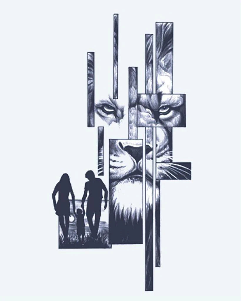 Lion & Family Silhouette semi-permanent tattoo design by INKON – abstract, fragmented, lion, portrait, family illustration, 4 x 7 in (10x17cm), available at inkon.co