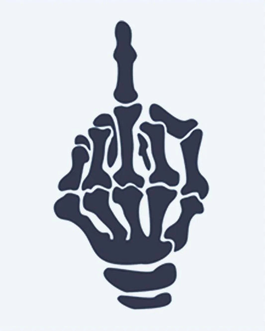 Skeleton Middle Finger semi-permanent tattoo design by INKON – skeleton, showing, middle, rebellious, gesture illustration, 2 x 2 in (5x5cm), available at inkon.co
