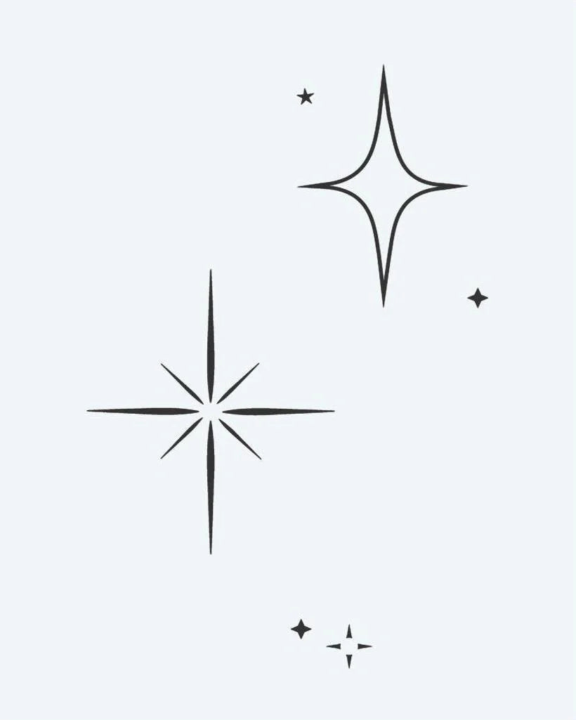 Sparkle Stars semi-permanent tattoo design by INKON – minimalist, assorted, four, point, eight illustration, 3 x 4 in (6x11cm), available at inkon.co