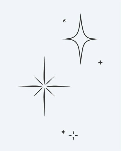 Sparkle Stars semi-permanent tattoo design by INKON – minimalist, assorted, four, point, eight illustration, 3 x 4 in (6x11cm), available at inkon.co